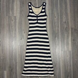 Navy, Tan & Gold Fitted Knit Overlay Midi Dress - SIZE L Nautical Preppy Summer